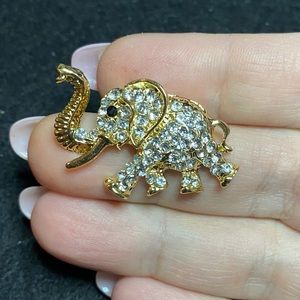 Goldtone Marching Little Baby Elephant Brooch Pin trunk up good luck